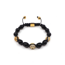 Bracelet Macramé Tressé Onyx, Fleur de lys, Diamants, Or